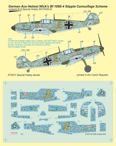 MPM 1:72 Bf 109E-4 German Ace H. Wick Decal Motley Camo