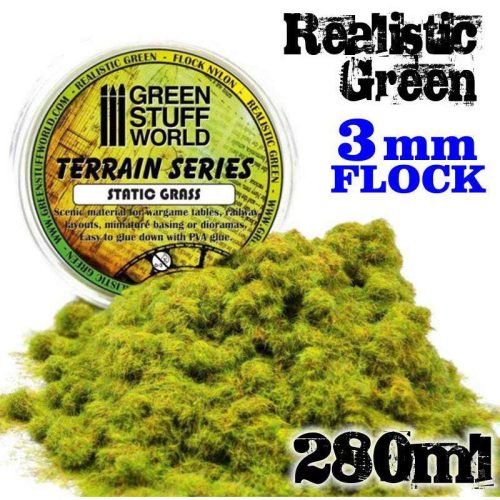 Green Stuff World - Static Grass Flock - Realistic Green 3 mm - 280 ml