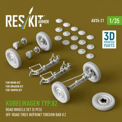 ResKit Models 1:35 Kubelwagen typ.82 road wheels set (5 pcs) off-road tires w/front torsion bar V.2 (3D Printed) for Meng / Dragon / Tamiya