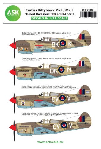 ASK decal 1:72 Curtiss Kittyhawk Mk.I / Mk.II ”Desert Harassers” 1942-1944 part I