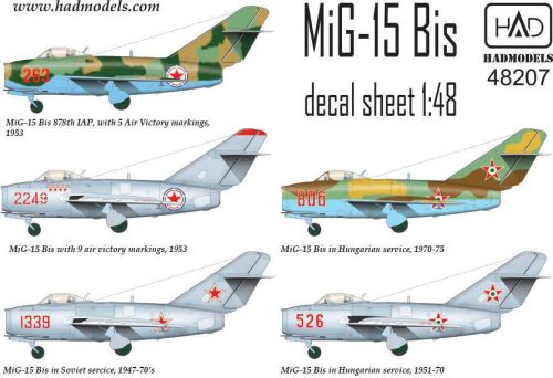 HADModels 1:48 MiG-15 Bis (North Corea, Soviet, Hungarian) decal sheet