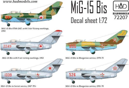 HADModels 1:72 MiG-15 Bis (North Corea, Soviet, Hungarian) decal sheet
