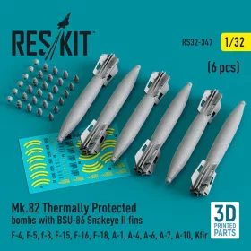   ResKit Models 1:32 Mk.82 thermally protected bombs with BSU-86 Snakeye II fins (6 pcs) (F-4, F-5, F-8, F-15, F-16, F-18, A-1, A-4, A-6, A-7, A-10, Kfir) (3D Printed)