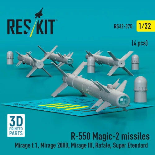 ResKit Models 1:32 R.550 Magic-2 missiles (4 pcs) (Mirage F.1, Mirage 2000, Mirage III, Rafale, Super Etendard, MiG-21, Jaguar) (3D Printed)