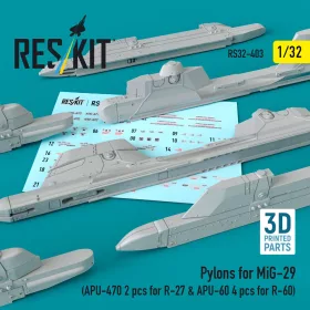   ResKit Models 1:32 Pylons for MiG-29 (APU-470 2 pcs for R-27 & APU-60 4 pcs for R-60) (3D Printed)