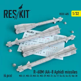   ResKit Models 1:32 R-60? (AA-8 Aphid) missiles (4 pcs) (MiG-21,MiG-23,MiG-25, MiG-29,MiG-31,Su-17,Su-24,Su-25,Yak-38)