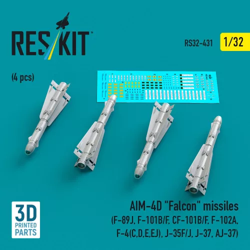 ResKit Models 1:32 AIM-4D Falcon missiles (4 pcs) (F-89J, F-101B/F, CF-101B/F, F-102A, F-4(C,D,E,EJ), J-35F/J, J-37, AJ-37) (3D Printed)