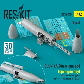   ResKit Models 1:32 SUU-16A 20mm gun pod (open gun bay) with centerline pylon for F-4 Phantom II (C,D) (1 pcs) (3D Printed)