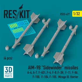   ResKit Models 1:32 AIM-9B Sidewinder missiles (4 pcs) (A-4, A-7, F-4D1, F-4, F-8, F-3H, F-11, F-86,F-100, F-104, F-105, Mirage III, Harrier) (3D Printed)