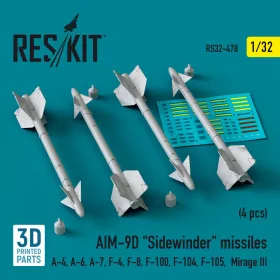   ResKit Models 1:32 AIM-9D Sidewinder missiles (4 pcs) (A-4, A-6, A-7, F-4, F-8, F-100, F-104, F-105, Mirage III) (3D Printed)