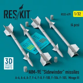   ResKit Models 1:32 AIM-9E Sidewinder missiles (4 pcs) (A-4, A-6, A-7, F-4, F-8, F-100, F-104, F-105, Mirage III) (3D Printed)