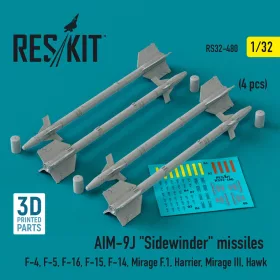   ResKit Models 1:32 AIM-9J Sidewinder missiles (4 pcs) (F-4, F-5, F-16, F-15, F-14, Mirage F.1, Harrier, Mirage III, Hawk) (3D Printed)