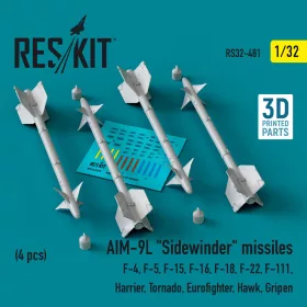   ResKit Models 1:32 AIM-9L Sidewinder missiles (4 pcs) (F-4, F-5, F-15, F-16, F-18, F-22, F-111, Harrier, Tornado, Eurofighter, Hawk, Gripen) (3D Printed)