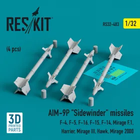   ResKit Models 1:32 AIM-9P Sidewinder missiles (4 pcs) (F-4, F-5, F-16, F-15, F-14, Mirage F.1, Harrier, Mirage III, Hawk, Mirage 2000) (3D Printed)