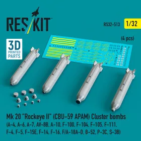   ResKit Models 1:32 Mk 20 Rockeye II (CBU-59 APAM) Cluster bombs (A-4, A-6, A-7, AV-8B, A-10, F-100, F-104, F-105, F-111, F-4, F-5, F-15E, F-14, F-16, F/A-18A-D, B-52, P-3C, S-3B) (4 pcs) (3D Printed)
