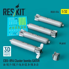   ResKit Models 1:32 CBU-89A cluster bombs GATOR (4 pcs) (A-10, F-15E, F-16, B-52, B-1B, B-2) (3D Printed)