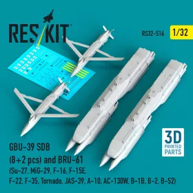   ResKit Models 1:32 GBU-39 SDB (8 pcs) and BRU-61 (2 pcs) (Su-27, MiG-29, F-16, F-15E, F-22, F-35, Tornado, JAS-39, A-10, AC-130W, B-1B, B-2, B-52) (3D Printed)