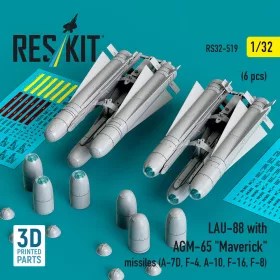   ResKit Models 1:32 LAU-88 with (2 pcs) AGM-65 Maverick missiles (6 pcs) (A-7D, F-4, A-10, F-16) (3D Printed)