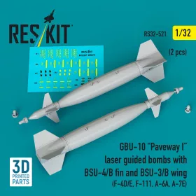   ResKit Models 1:32 GBU-10 Paveway I laser guided bombs with BSU-4/B fin and BSU-3/B wing (2 pcs) (F-4D/E, F-111, A-6A, A-7E) (3D Printed)