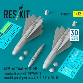   ResKit Models 1:32 AGM-62 Walleye II ER missiles (2 pcs) with AN/AWG-16 data link pod (1 pcs) (A-4, A-6, A-7, F-4, F/A-18) (3D Printed)