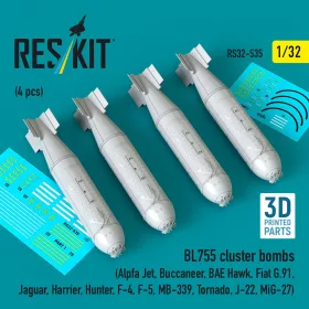   ResKit Models 1:32 BL755 cluster bombs (4 pcs) (Alpfa Jet, Buccaneer, BAE Hawk, Fiat G.91, Jaguar, Harrier, Hunter, F-4, F-5, MB-339, Tornado, J-22, MiG-27) (3D Printed)