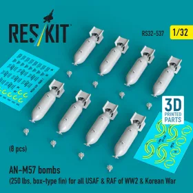   ResKit Models 1:32 AN-M57 bombs (250 lbs, box-type fin) for all USAF & RAF of WW2 & Korean War (8 pcs) (3D Printed)