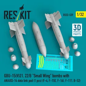   ResKit Models 1:32 GBU-15(V)21, 22/B Small Wing bombs (2 pcs) with AN/AXQ-14 data link pod (1 pcs) (F-4, F-15E, F-16I, F-111, B-52) (3D Printed)