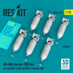   ResKit Models 1:32 AN-M64 bombs (500 lbs) for all USAF & RAF of WW2 & Korean War (6 pcs) (3D Printed)