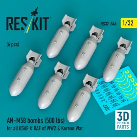   ResKit Models 1:32 AN-M58 bombs (500 lbs) for all USAF & RAF of WW2 & Korean War (6 pcs) (3D Printed)