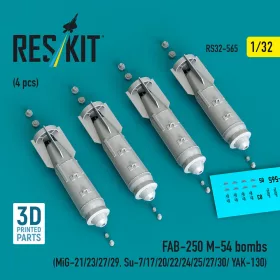   ResKit Models 1:32 FAB-250 ?-54 bombs (4 pcs) (MiG-21/23/27/29, Su-7/17/20/22/24/25/27/30/ YAK-130) (3D Printed)