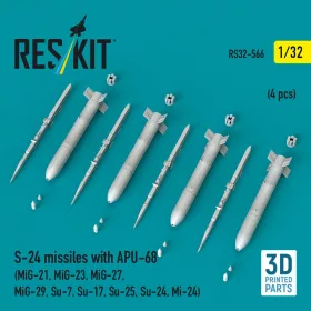   ResKit Models 1:32 S-24 missiles with APU-68 (4 pcs) (MiG-21, MiG-23, MiG-27, MiG-29, Su-7, Su-17, Su-25, Su-24, Mi-24) (3D Printed)