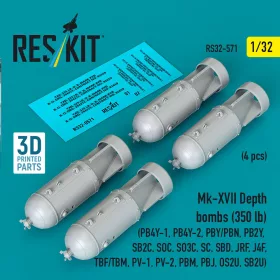   ResKit Models 1:32 Mk-XVII Depth bombs (350 lb) (4 pcs) (PB4Y-1, PB4Y-2, PBY/PBN, PB2Y, SB2C, SOC, SO3C, SC, SBD, JRF, J4F, TBF/TBM, PV-1, PV-2, PBM, PBJ, OS2U, SB2U) (3D Printed)