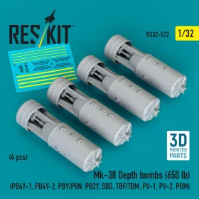   ResKit Models 1:32 Mk-38 Depth bombs (650 lb) (4 pcs) (PB4Y-1, PB4Y-2, PBY/PBN, PB2Y, SBD, TBF/TBM, PV-1, PV-2, PBM) (3D Printed)