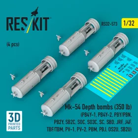   ResKit Models 1:32 Mk-54 Depth bombs (350 lb) (4 pcs) (PB4Y-1, PB4Y-2, PBY/PBN, PB2Y, SB2C, SOC, SO3C, SC, SBD, JRF, J4F, TBF/TBM, PV-1, PV-2, PBM, PBJ, OS2U, SB2U) (3D Printed)