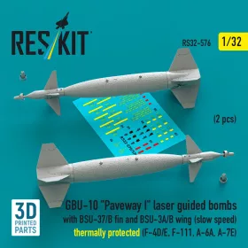   ResKit Models 1:32 GBU-10 Paveway I laser guided bombs with BSU-37/B fin and BSU-3A/B wing (slow speed) thermally protected (2 pcs) (F-4D/E, F-111, A-6A, A-7E) (3D Printed)