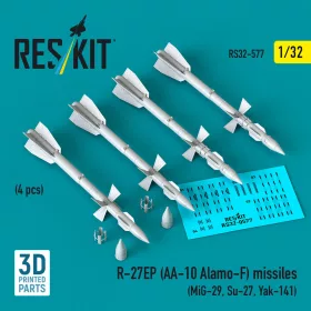   ResKit Models 1:32 R-27EP (AA-10 Alamo-F) missiles (4 pcs) (MiG-29, Su-27, Yak-141) (3D Printed)