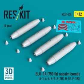   ResKit Models 1:32 BLU-1A (750 lb) napalm bombs (4 pcs) (A-1, A-4, A-7, A-26K, B-57, F-100) (3D Printed)