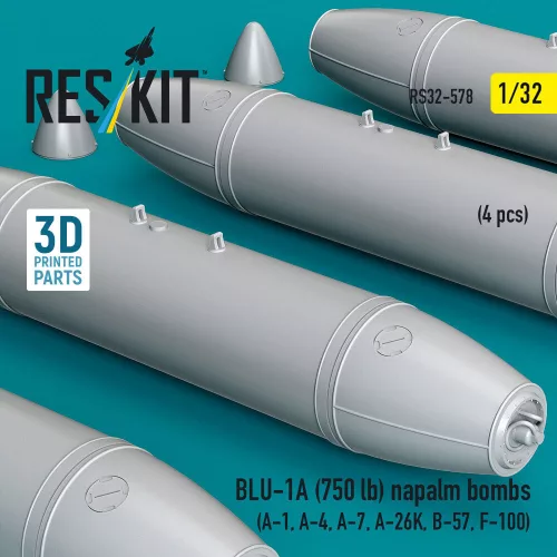 ResKit Models 1:32 BLU-1A (750 lb) napalm bombs (4 pcs) (A-1, A-4, A-7, A-26K, B-57, F-100) (3D Printed)