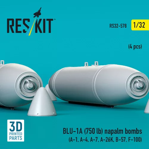 ResKit Models 1:32 BLU-1A (750 lb) napalm bombs (4 pcs) (A-1, A-4, A-7, A-26K, B-57, F-100) (3D Printed)