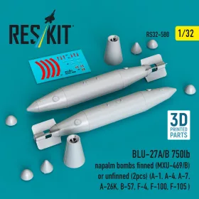   ResKit Models 1:32 BLU-27A/B 750lb napalm bombs finned (MXU-469/B) or unfinned (2 pcs) (A-1, A-4, A-7, A-26K, B-57, F-4, F-100, F-105 ) (3D Printed)