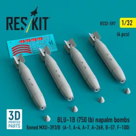   ResKit Models 1:32 BLU-1B (750 lb) napalm bombs finned MXU-393/B (4 pcs) (A-1, A-4, A-7, A-26K, B-57, F-100) (3D Printed)