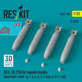   ResKit Models 1:32 BLU-1B (750 lb) napalm bombs finned MXU-469/B (4 pcs) (A-1, A-4, A-7, A-26K, B-57, F-100) (3D Printed)