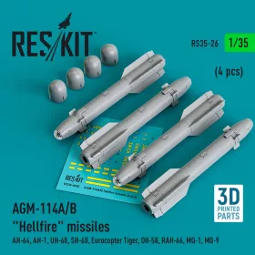   ResKit Models 1:35 AGM-114A/B Hellfire missiles (4 pcs) (AH-64, AH-1, UH-60, SH-60, Eurocopter Tiger, OH-58, RAH-66, MQ-1, MQ-9) (3D Printed)