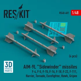   ResKit Models 1:48 AIM-9L Sidewinder missiles (4 pcs) (F-4, F-5, F-15, F-16, F-18, F-22, F-111, Harrier, Tornado, Eurofighter, Hawk, Gripen) (3D Printed)