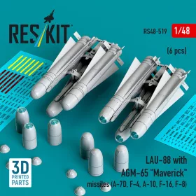   ResKit Models 1:48 LAU-88 with (2 pcs) AGM-65 Maverick missiles (6 pcs) (A-7D, F-4, A-10, F-16) (3D Printed)