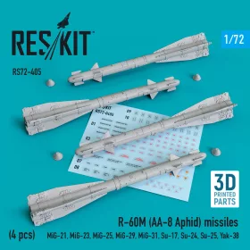  ResKit Models 1:72 R-60? (AA-8 Aphid) missiles (4 pcs) (MiG-21,MiG-23,MiG-25, MiG-29,MiG-31,Su-17,Su-24,Su-25,Yak-38) (3D Printed)