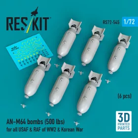   ResKit Models 1:72 AN-M64 bombs (500 lbs) for all USAF & RAF of WW2 & Korean War (6 pcs) (3D Printed)