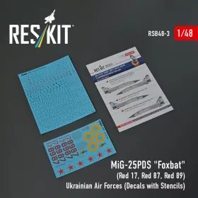   ResKit Models 1:48 MiG-25PDS Foxbat (Red 17, Red 87, Red 89) Ukrainian Air Forces (Decals with Stencils)