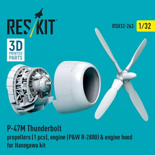ResKit Models 1:32 P-47M Thunderbolt propeller (1 pcs), engine (P&W R-2800) & engine hood (3D Printed) for Hasegawa