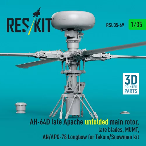 ResKit Models 1:35 AH-64D late Apache unfolded main rotor, late blades, MUMT, AN/APG-78 Longbow for Takom/Snowman kit (3D Printed)